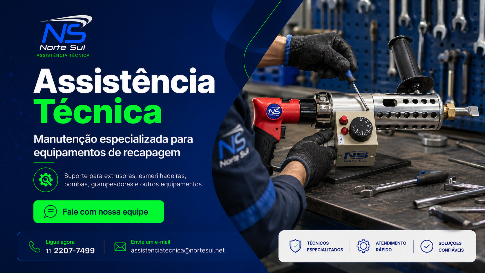 T&eacute;cnico realizando manuten&ccedil;&atilde;o em equipamento de recapagem Norte Sul